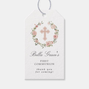 Rosa Blommigt First Communion Tack Gift Märkres Presentetikett