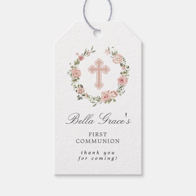Rosa Blommigt First Communion Tack Gift Märkres Presentetikett (Framsidan)