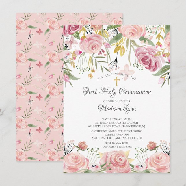  Rosa Blommigt First Heliga Commune Inbjudningar (Fram/baksida)