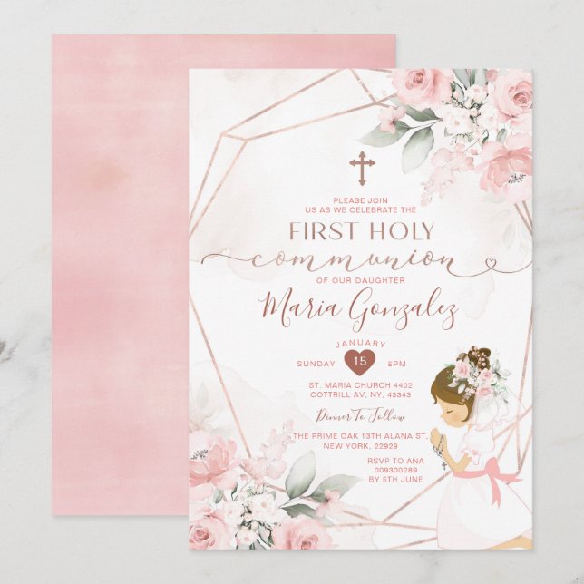 Rosa Blommigt First Heliga Communion Cute Girl Pra Inbjudningar (Fram/baksida)