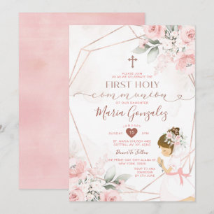 Rosa Blommigt First Heliga Communion Cute Girl Pra Inbjudningar