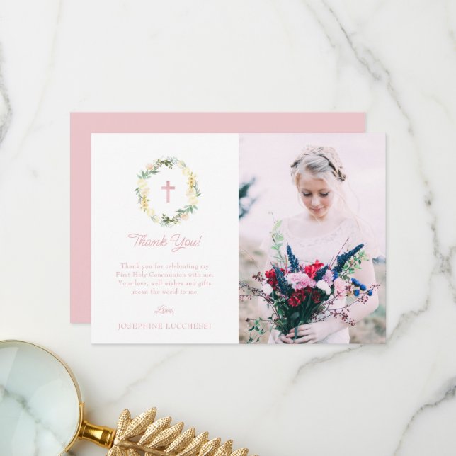 Rosa Blommigt First Heliga Communion Photo Tack Kort (Fram/Back In Situ)