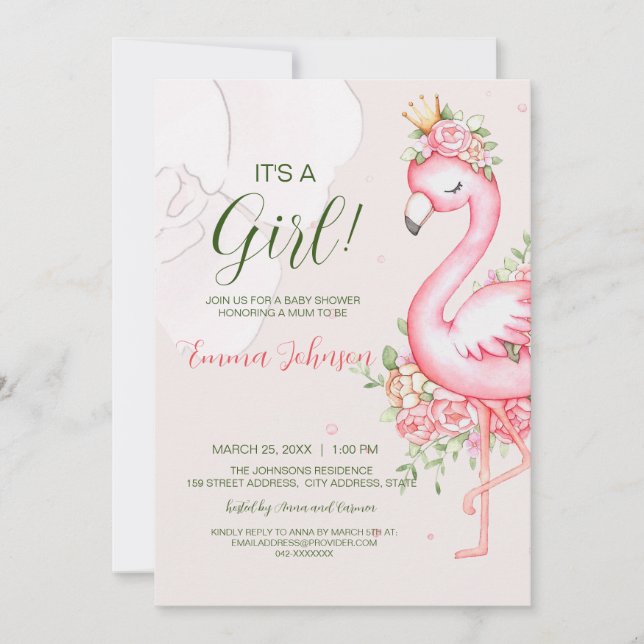 Rosa Blommigt Flamingo Baby Shower Inbjudningar (Framsida)