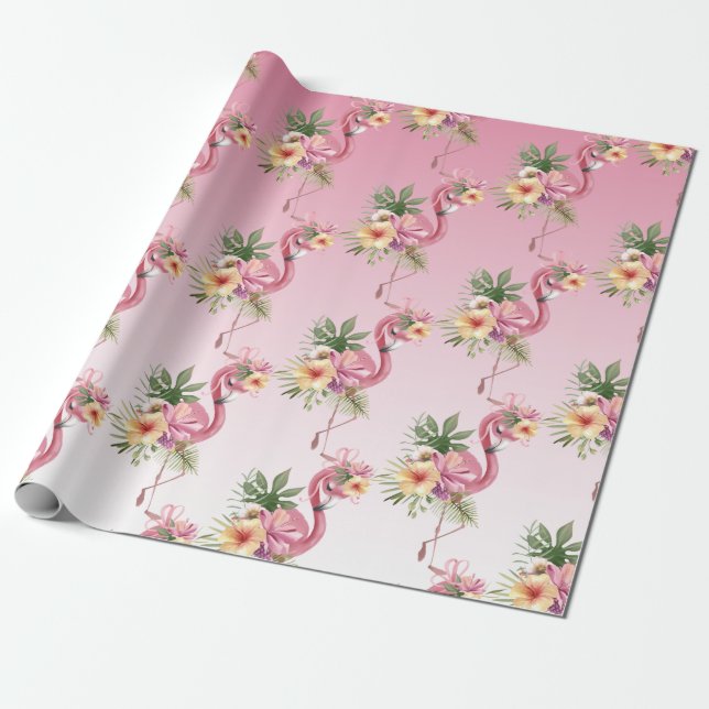 Rosa Blommigt Flamingo Presentpapper (Utrullad)