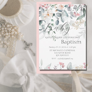 Rosa Blommigt Flicka Baby-baptism Inbjudningar