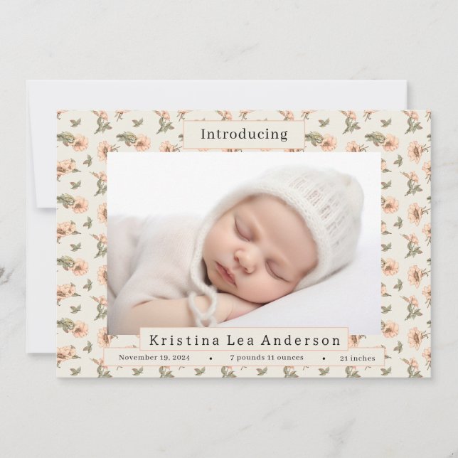 Rosa Blommigt Flicka Birth Notice of Inbjudningar (Framsida)