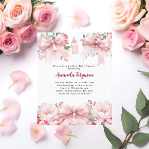 Rosa-blommigt-flicka, flaska Baby Shower-inbjudan