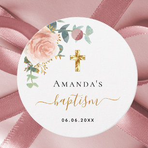 Rosa blommigt flicka i Baptism Eucalyptus ro guld Gåvor Etiketter