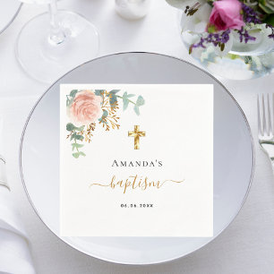 Rosa blommigt  flicka i Baptism Eucalyptus ro guld Pappersservett