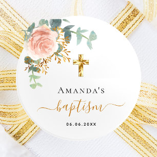 Rosa blommigt  flicka i Baptism Eucalyptus ro guld Runt Klistermärke
