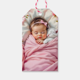 Rosa Blommigt Flicka och White Kitten Presentetikett