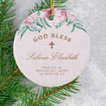 Rosa blommigt Flickor baptism personlig Välsigna d Julgransprydnad Keramik<br><div class="desc">Vattenfärgsblommor av  rosa,  grönt blad och eukalyptus löv och ett handskrivet kalligrafiskript av stil skapar en vacker flickabaptism personligen julkeepsaké träd ornament.</div>