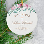 Rosa blommigt Flickor baptism personlig Välsigna d Julgransprydnad Keramik<br><div class="desc">Vattenfärgsblommor av  rosa,  grönt blad och eukalyptus löv och ett handskrivet kalligrafiskript av stil skapar en vacker flickabaptism personlig julkeepsaké,  vit träd ornament.</div>
