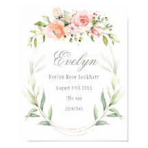 Rosa Blommigt Foliage Baby Birth Announcement Sign