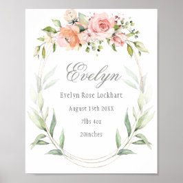 Rosa Blommigt Foliage Baby Birth Announcement Sign Poster