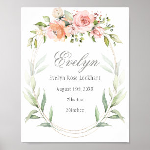 Rosa Blommigt Foliage Baby Birth Announcement Sign Poster