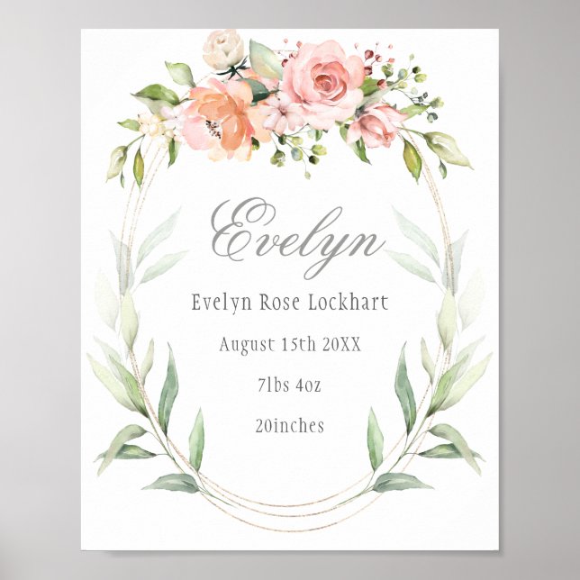 Rosa Blommigt Foliage Baby Birth Announcement Sign Poster (Framsidan)