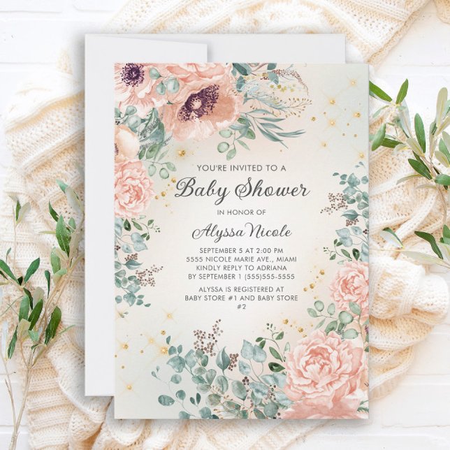Rosa Blommigt Foliage Guld Glitter Baby Shower Inbjudningar (Skapare uppladdad)