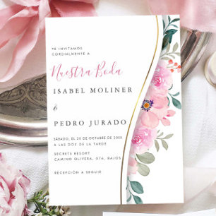 Rosa Blommigt Foliage Nuestra Boda Spanska Bröllop Inbjudningar