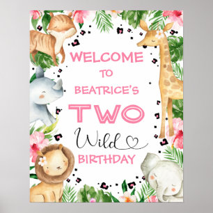 Rosa Blommigt Foliage Safari Birthday Välkomstskyl Poster