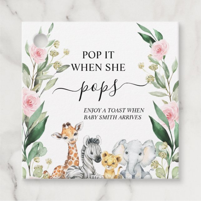Rosa Blommigt Foliage Safari Pop It Baby Shower Gåvor Etiketter (Framsida)