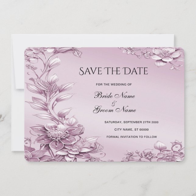 Rosa Blommigt Foliage Save Date Card Spara Datumet (Framsida)