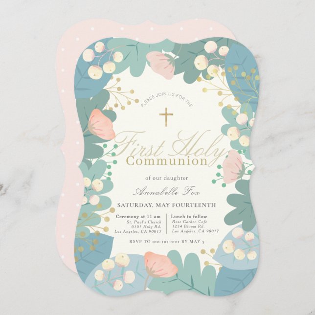 Rosa Blommigt Foliages Girl First Heliga Communion Inbjudningar (Fram/baksida)