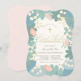 Rosa Blommigt Foliages Girl First Heliga Communion Inbjudningar