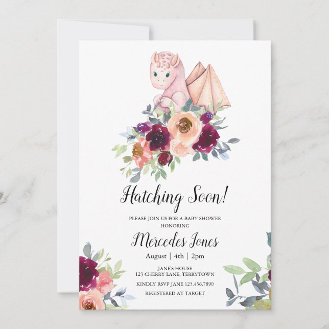 Rosa Blommigt för flickor Katchande Dragon Katchni Inbjudningar (Framsida)