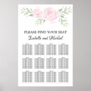 Rosa Blommigt för vattenfärg 12-Bord sätesdiagram Poster