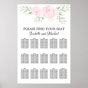 Rosa Blommigt för vattenfärg 15-Bord sätesdiagram Poster