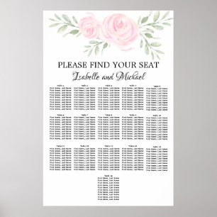 Rosa Blommigt för vattenfärg 16-Bord sätesdiagram Poster