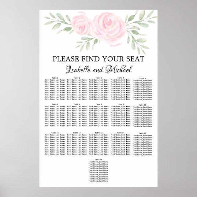 Rosa Blommigt för vattenfärg 16-Bord sätesdiagram Poster (Framsidan)