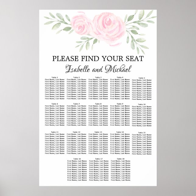 Rosa Blommigt för vattenfärg 18-Bord sätesdiagram Poster (Framsidan)