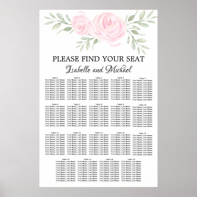 Rosa Blommigt för vattenfärg 19-Bord sätesdiagram Poster (Framsidan)