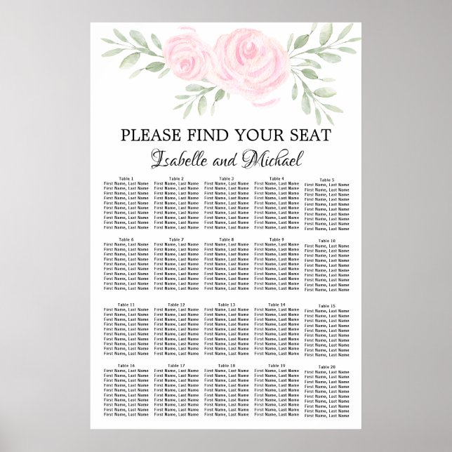Rosa Blommigt för vattenfärg 20 Bord sätesdiagram Poster (Framsidan)