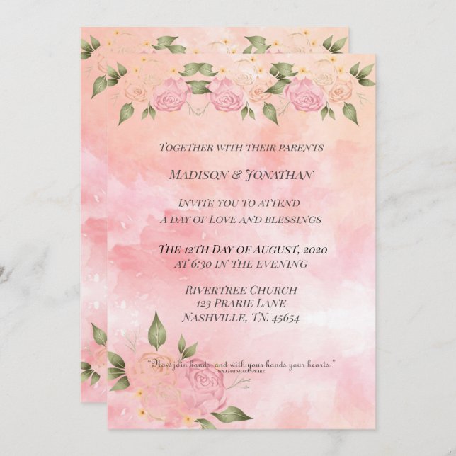 Rosa  Blommigt för vattenfärg Inbjudningar (Fram/baksida)