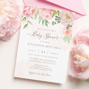 Rosa Blommigt för vattenfärg Peony Baby Shower Inbjudningar