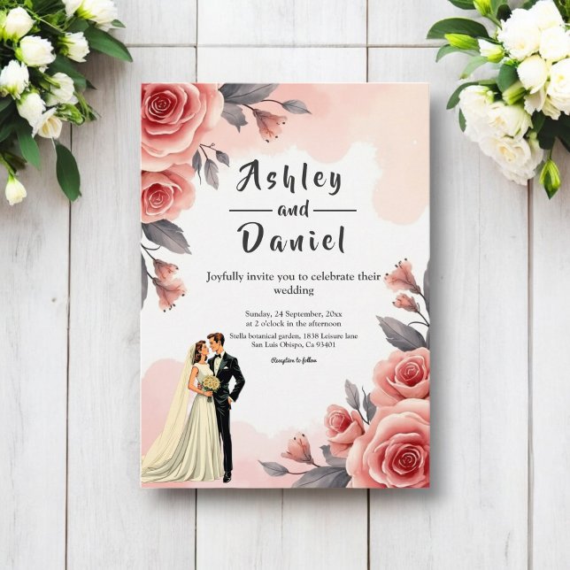 Rosa Blommigt för vattenfärgen Bride & Groom Bröl Inbjudningar (Skapare uppladdad)