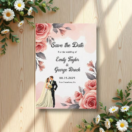 Rosa Blommigt för vattenfärgen Bride & Groom Bröl Spara Datumet