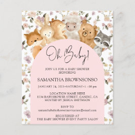 Rosa Blommigt Forest Animals Oh Baby Shower Budget Flygblad