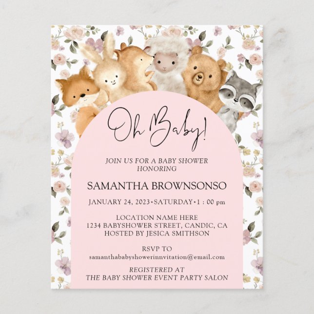 Rosa Blommigt Forest Animals Oh Baby Shower Budget Flygblad (Framsidan)