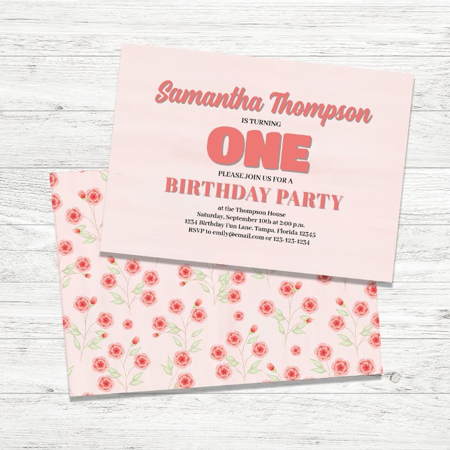 Rosa Blommigt Första födelsedag Flicka Party-mall Inbjudningar (First Birthday Girls Party Custom Invitations.)