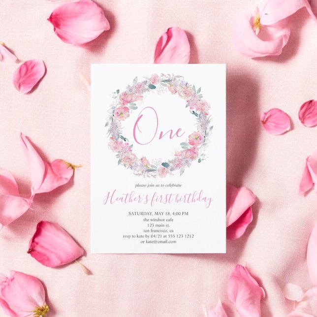  Rosa Blommigt Första födelsedag Inbjudningar (Skapare uppladdad)