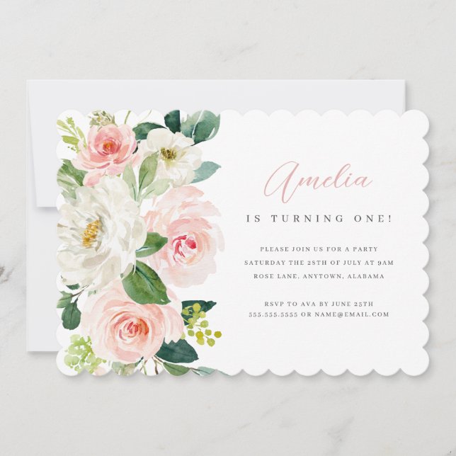 Rosa Blommigt Första Födelsedagsfest inbjudan (Framsida)