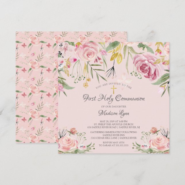  Rosa Blommigt Första Heligan Kommunision Inbjudningar (Fram/baksida)