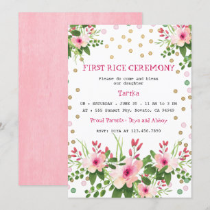  Rosa Blommigt Första Riset Ceremony Mukhe Bhaat Inbjudningar