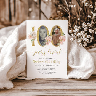  Rosa Blommigt Foto 100:e födelsedagsinbjudan Inbjudningar