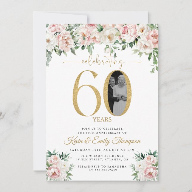  Rosa Blommigt Foto 60-årsjubileum Inbjudningar (Framsida)