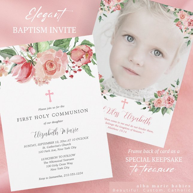 Rosa Blommigt Foto First Communion for Girls Inbjudningar (Skapare uppladdad)